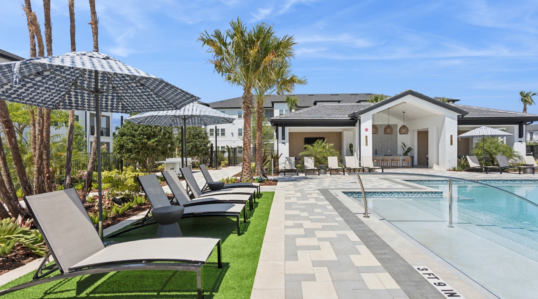 pool with spacious areas and lush landscaping